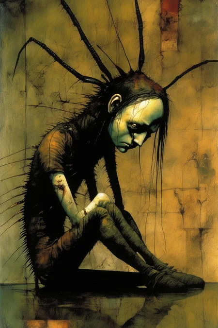 <lora:Dave McKean Style:1>Dave McKean Style - In the depths of trauma's plight, A wounded soul seeks respite. A pet cockroach, wise and meek, Breaks the silence, dares to speak. In the style of Dave McKean
