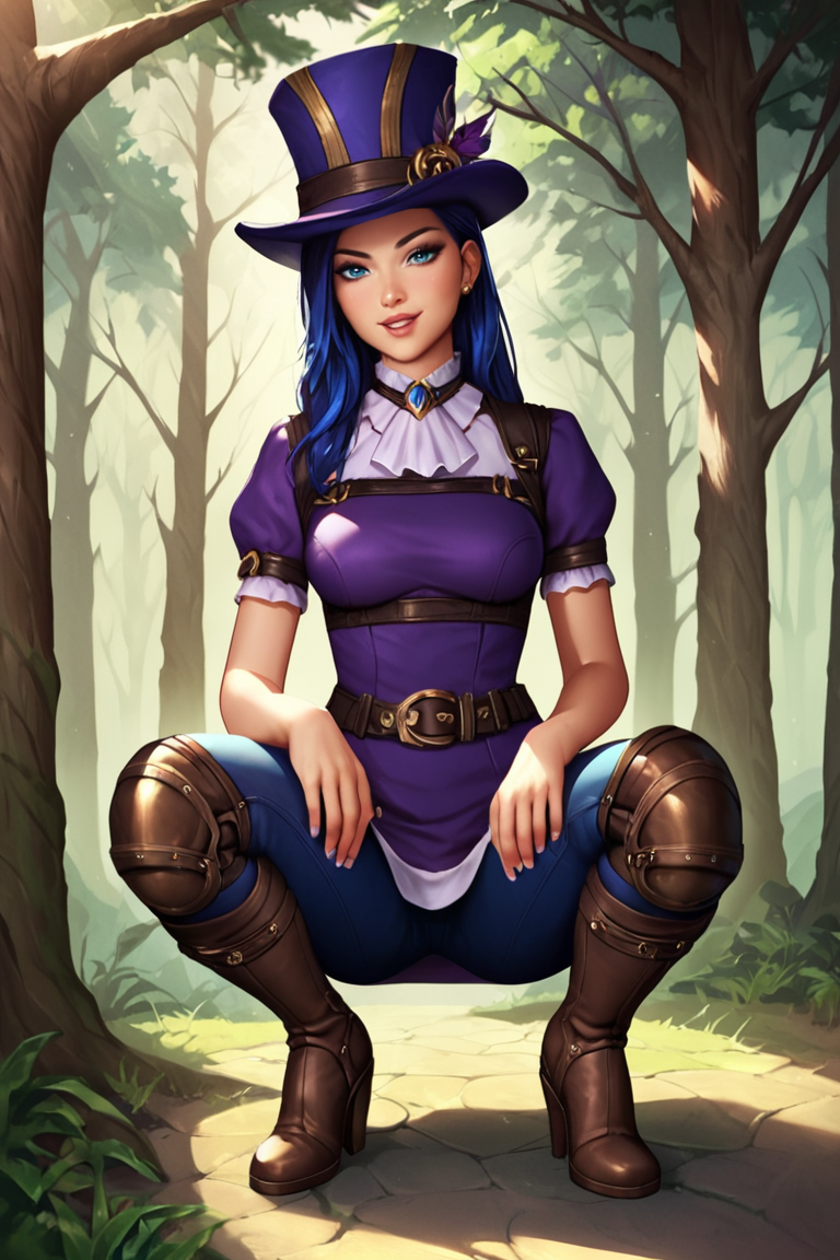score_9, score_8_up, score_7_up, score_6_up, score_5_up, score_4_up, CaitlynLoLXL, blue eyes, blue hair, long hair, purple top hat, hat ornament, medium breasts, purple dress, skirt, (brown medium sleeve:1.3), brown glove, harness, (blue pants:1.1), belt, knee pad, high boots, squatting, seductive smile, looking at viewer,  forest, tree <lora:CaitlynLoLXL:0.7>
