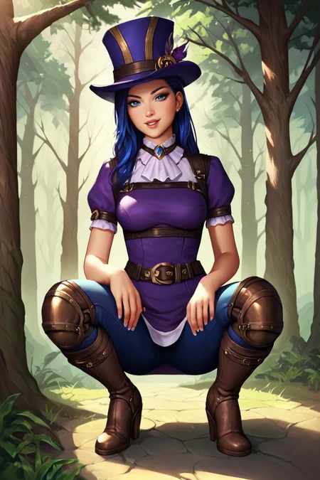 score_9, score_8_up, score_7_up, score_6_up, score_5_up, score_4_up, CaitlynLoLXL, blue eyes, blue hair, long hair, purple top hat, hat ornament, medium breasts, purple dress, skirt, (brown medium sleeve:1.3), brown glove, harness, (blue pants:1.1), belt, knee pad, high boots, squatting, seductive smile, looking at viewer, forest, tree <lora:CaitlynLoLXL:0.7>