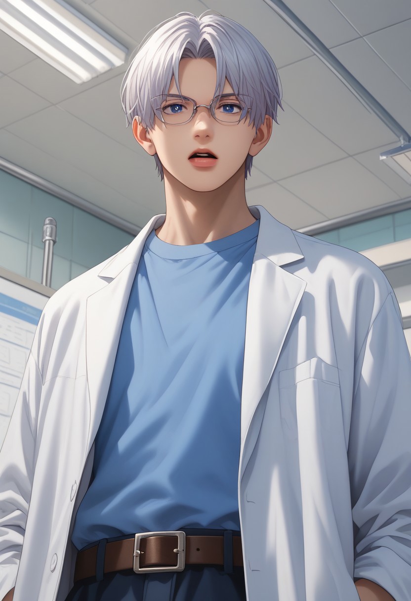 score_9, score_8_up, score_7_up, source_anime, rating_safe, [ItsuomiASAff, grey Itsuomi hair, glasses, blue Itsuomi eyes, 1boy, male focus, labcoat, blue shirt, belt, open mouth, serious, looking at another], blurry indoor hospital, hospital ceiling, from below, solo focus, dutch angle, hands with five fingers, realistic shading,
