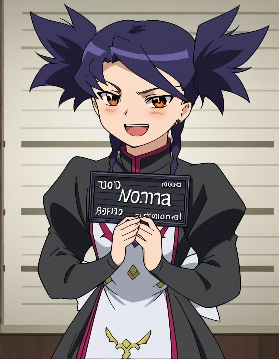 score_9, score_8_up, score_7_up, source_anime, <lora:nina-wang-s1-ponyxl-lora-nochekaiser:1>, nina wang, bangs, twintails, purple hair, braid, twin braids, orange eyes, anime screencap,, long sleeves, dress, jewelry, earrings, puffy sleeves, black dress, juliet sleeves,, living room, video game, controller, competitive, fun, afternoon, smile, <lora:ken-mugshot-ponyxl-lora-nochekaiser:1> barbie mugshot, barbie mugshot (meme) height mark, holding sign, nameplate, height chart, sign, meme, smile, open mouth, teeth, blush, cowboy shot, looking at viewer, solo,, dutch angle, cowboy shot