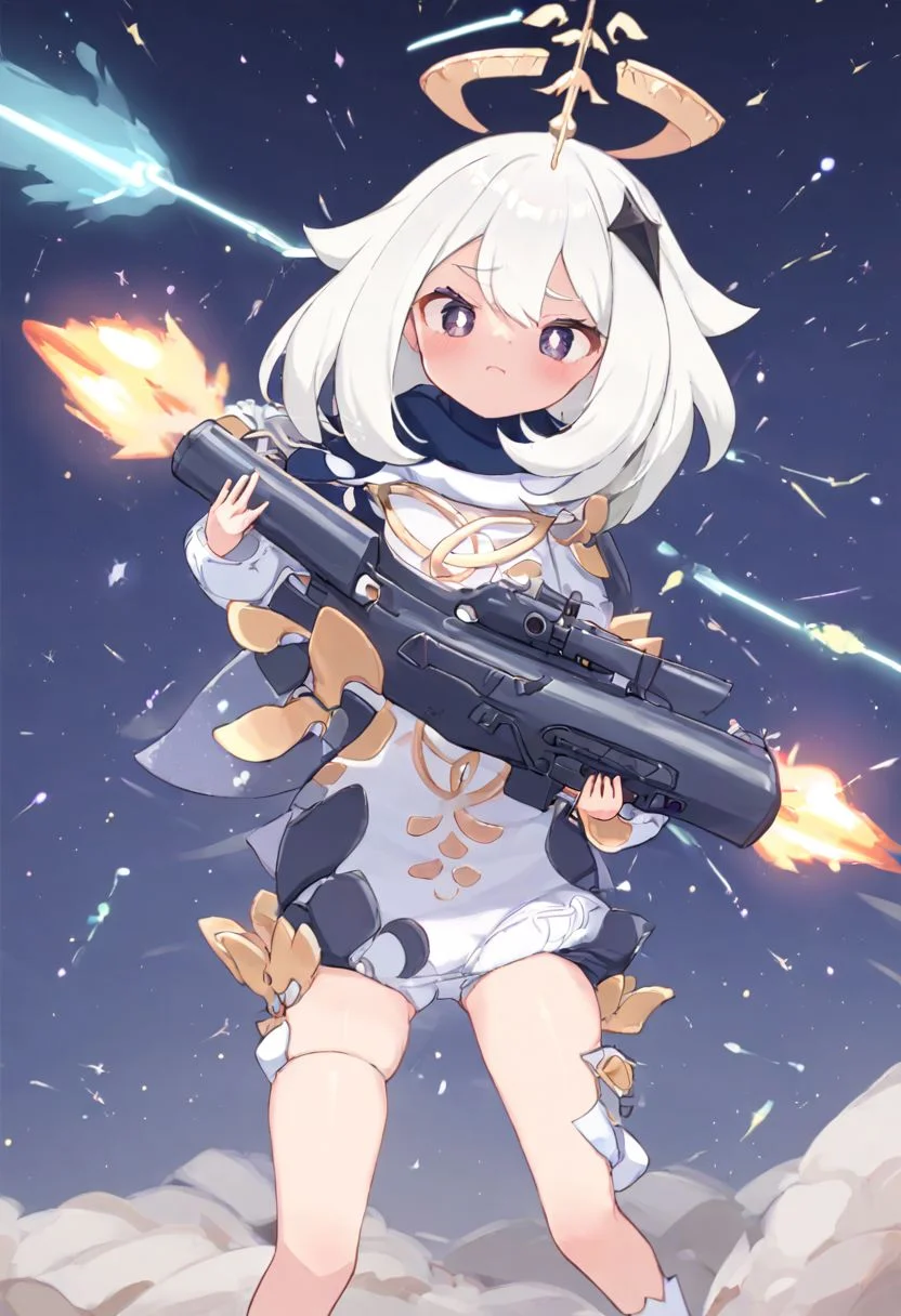 <lora:xl_paimeng girl2-000008:1>,paimeng girl,white hair,Special clothing,
Holding a rocket launcher, aiming at the viewer,