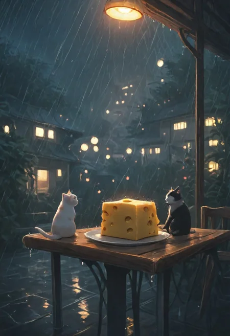 Cheese on the table, cat, color neon, dark, night, rain, anime