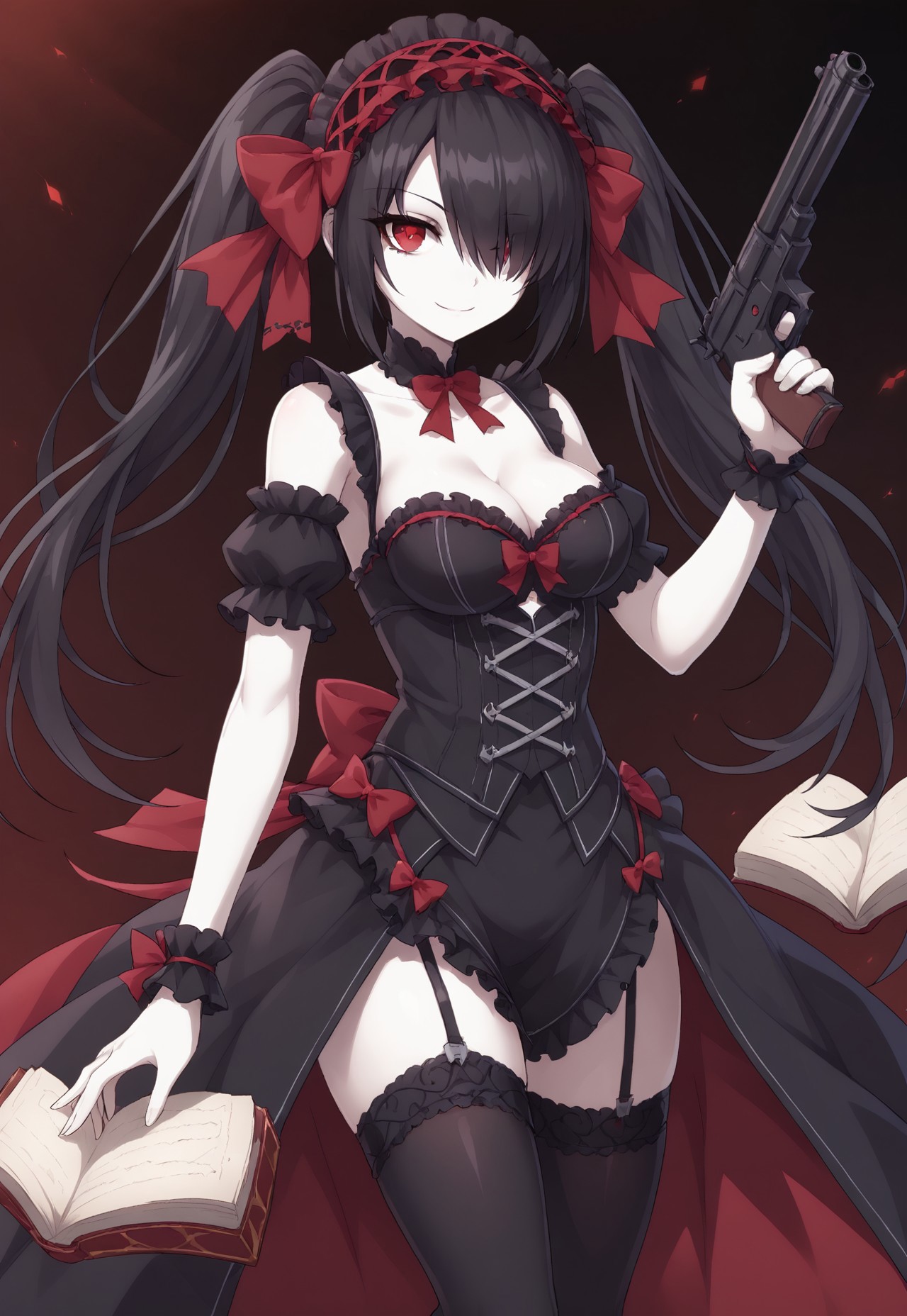 embedding:urn:air:sd1:embedding:civitai:222256@250708, 1girl, solo, red eyes,  collarbone, cleavage, twintails, black hair, white skin, long hair, hair over one eye,  looking a viewer, smile, arm strap, black thighhighs, book, bow, breasts, cowboy shot, frilled bow, frills, garter straps, gothic hairband, gun, holding gun, holding weapon, ((gothic fashion:1)), medium breasts, red bow, red pupils, thighhighs, weapon,