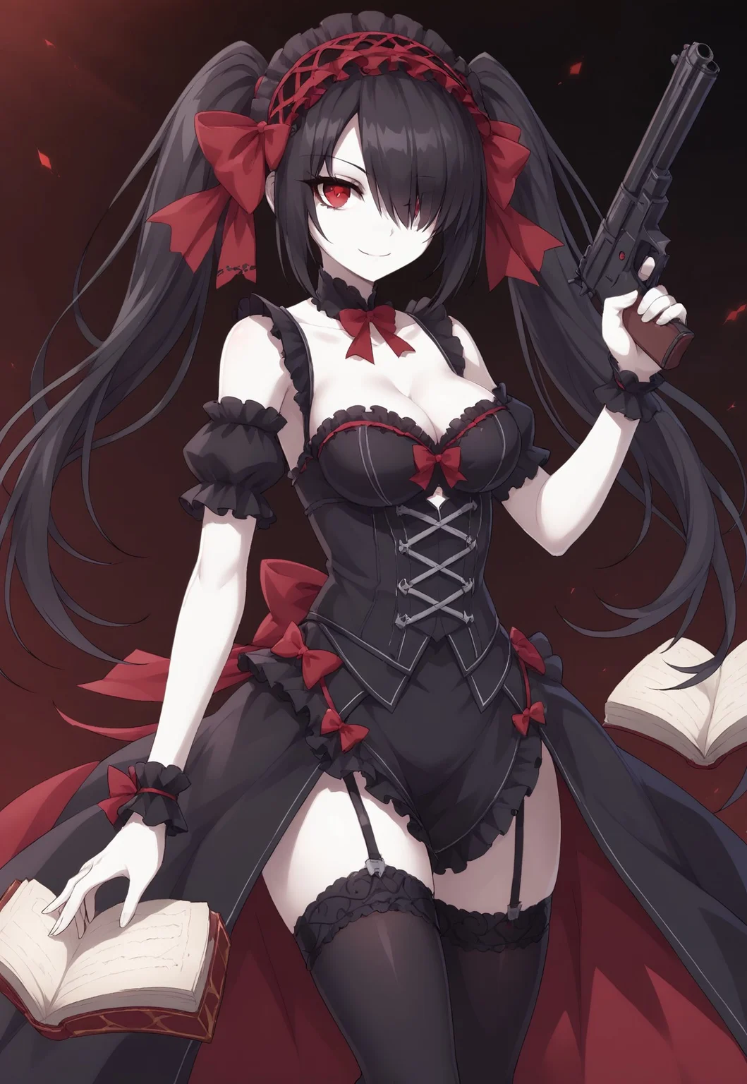 embedding:urn:air:sd1:embedding:civitai:222256@250708, 1girl, solo, red eyes, collarbone, cleavage, twintails, black hair, white skin, long hair, hair over one eye, looking a viewer, smile, arm strap, black thighhighs, book, bow, breasts, cowboy shot, frilled bow, frills, garter straps, gothic hairband, gun, holding gun, holding weapon, ((gothic fashion:1)), medium breasts, red bow, red pupils, thighhighs, weapon,
