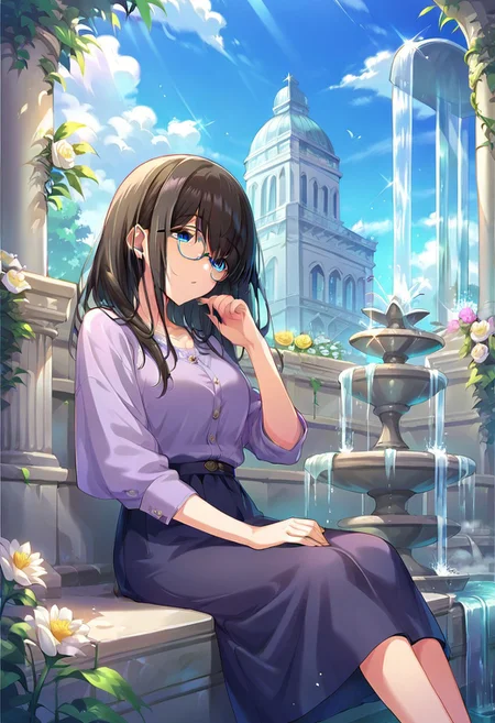 score_9, score_8_up, score_7_up, source_anime, sagisawa fumika, black hair, blue eyes,1girl, flower, skirt, fountain, long hair, outdoors, sitting, glasses, purple shirt, jewelry, sky