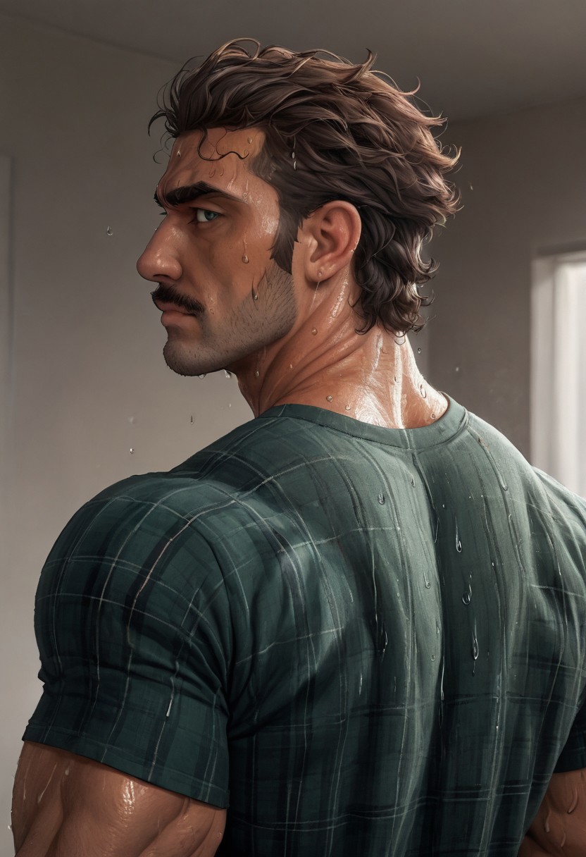 score_9, score_8_up, score_7_up, score_6_up, focus back, wide back, muscular back, back towards viewer, looking back at viewer, score_5_up, score_4_up, portrait (sweating:4.0), (masterpiece, best high quality, ultra details, intricate details), male, mullet Hair,  flannel shirt(removing), Mullet, thick eyebrows, (Hairy body:1.4), Hairy pecs, Hairy chest, hyper muscles, hyper pectorals, thick neck, big traps, abs, veins, veiny muscles, thick big mustache, stretching, very happy