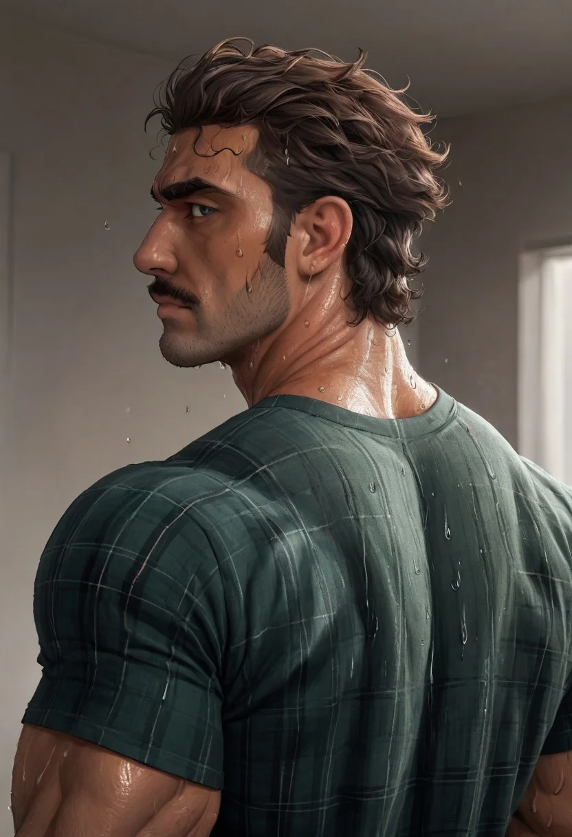 score_9, score_8_up, score_7_up, score_6_up, focus back, wide back, muscular back, back towards viewer, looking back at viewer, score_5_up, score_4_up, portrait (sweating:4.0), (masterpiece, best high quality, ultra details, intricate details), male, mullet Hair, flannel shirt(removing), Mullet, thick eyebrows, (Hairy body:1.4), Hairy pecs, Hairy chest, hyper muscles, hyper pectorals, thick neck, big traps, abs, veins, veiny muscles, thick big mustache, stretching, very happy