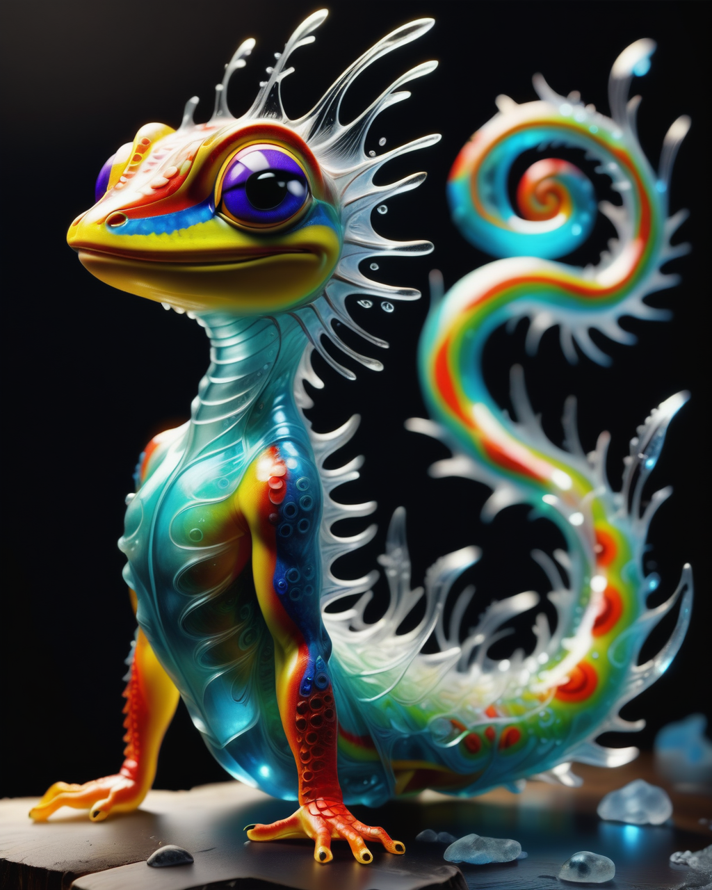 score_9, score_8_up, score_7_up, intricate details, rating_safe,
<lora:BioIceCrystalsPONY:1>, 1boy(made out of Jed-Blmicry, bioluminiscence, translucent,
anthro furry, gecko,
full body, looking at the viewer, solo, smiling), detailed background, depth of field, subsurface scattering, 
<lora:ral-chrosc-clr:0.3>, ral-chrosc-clr,
<lora:xl_more_art-full_v1:0.3>,
<lora:add-detail-xl:0.3>
