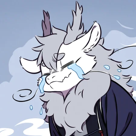 masterpiece, best quality, very awa <lora:AoLie(FeirenZai)-NoobXLv1.1-000090:1>
1boy,chibi,meme,= = ,satisfied, furry male, solo, male focus, crying, horns, closed eyes, grey hair, long hair, tears, streaming tears, antlers, furry, dragon boy, ao_lie(feiren zai)