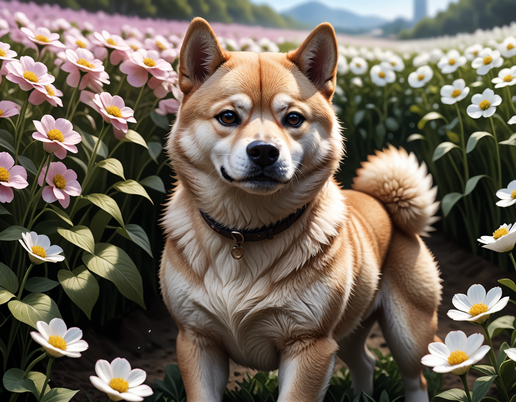 Beautiful shiba inu dog inside a flower field , detailed, realistic, 8k uhd, high quality
