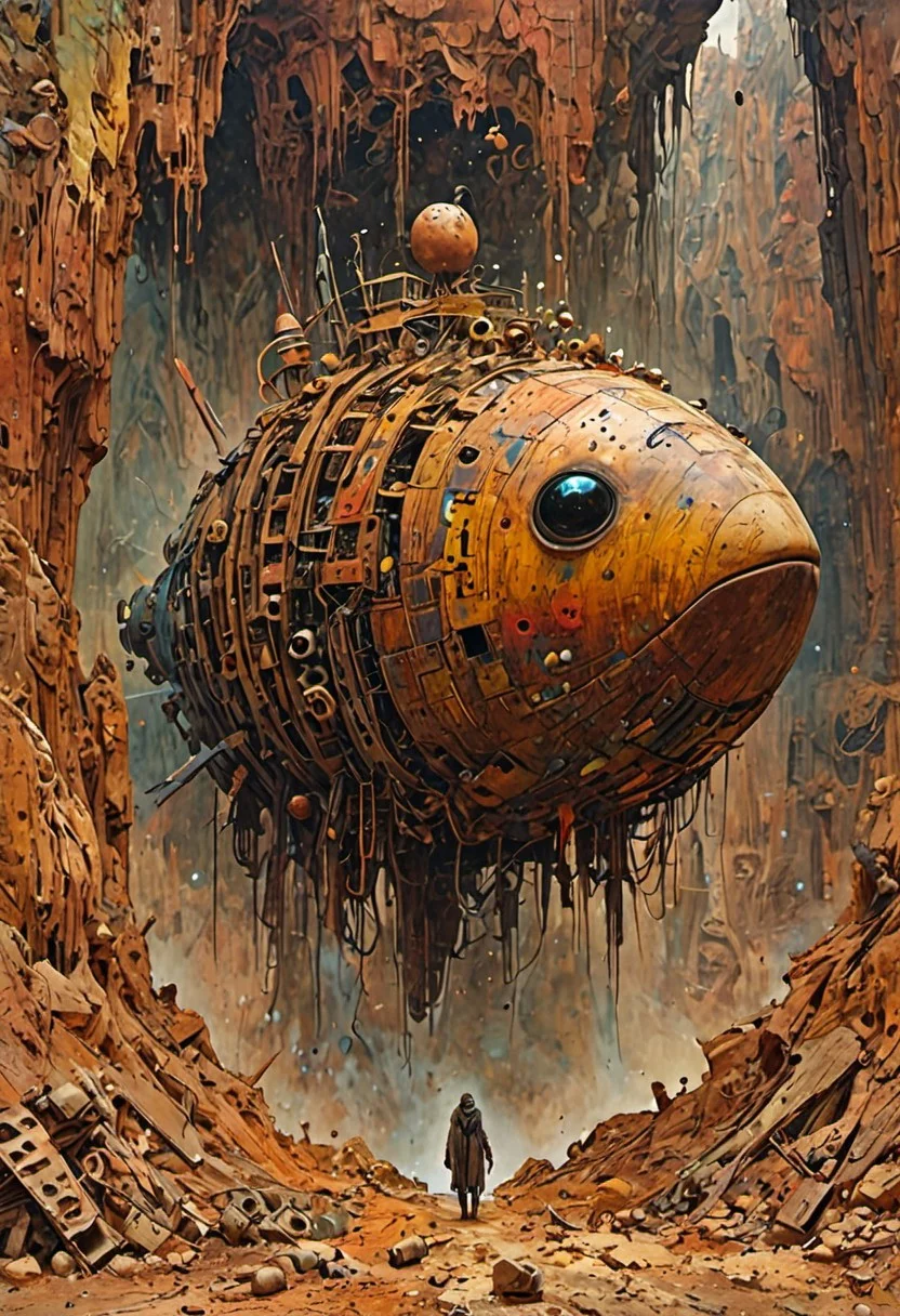Dry riverbeds with rusting boats stand as silent monuments in a world drained of water. The composition includes beautiful, exotic, magical, surreal, Abstract, absurd, Ernest complex, golden ratio, Her porcelain body is richly decorated with intricate fruits patterns, Olivia De Berardinis style, organs and rich ecosystem visible, hyper realistic liquids ryan meinerding, square spaceship , digital artwork by Beksinski, vibrant colors, epiCPhoto, wander through the dust panoramic, engagement that reaches across a digital landscape. the bridge cybergoth fashion dog accounts for a small part of the picture, existences in the background, towering mountains loom, all interwoven to create a sense of rhythm and flow.