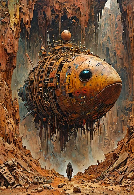 Dry riverbeds with rusting boats stand as silent monuments in a world drained of water. The composition includes beautiful, exotic, magical, surreal, Abstract, absurd, Ernest complex, golden ratio, Her porcelain body is richly decorated with intricate fruits patterns, Olivia De Berardinis style, organs and rich ecosystem visible, hyper realistic liquids ryan meinerding, square spaceship , digital artwork by Beksinski, vibrant colors, epiCPhoto, wander through the dust panoramic, engagement that reaches across a digital landscape. the bridge cybergoth fashion dog accounts for a small part of the picture, existences in the background, towering mountains loom, all interwoven to create a sense of rhythm and flow.