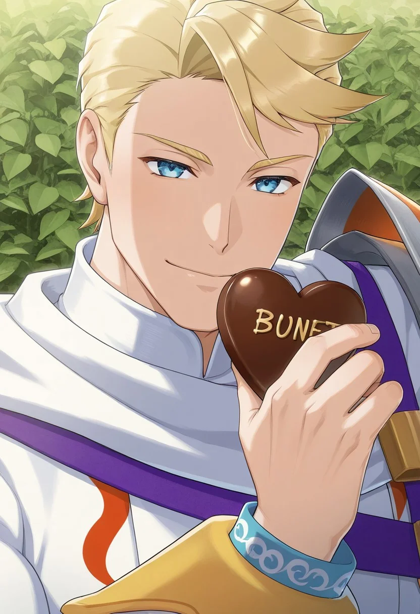 1boy, male focus, muscular, bunet,blonde hair,blue eyes,muscular male,manly,handsome, battle_outfit, white shirt, single pauldron, pauldron, white cape, gentle smile, face focus, looking at viewer, holding heart-shaped chocolate, close-up:1.2, garden background