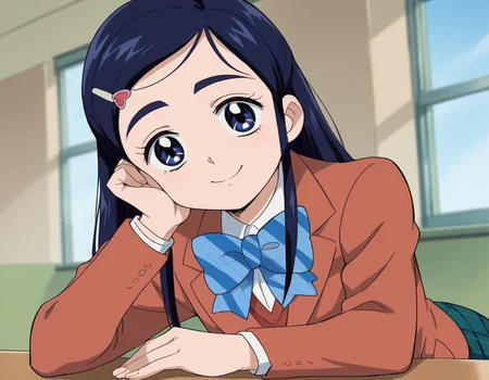 score_9, score_8_up, score_7_up, source_anime, <lora:honoka-yukishiro-anime-ponyxl-lora-nochekaiser:1>, honoka yukishiro, long hair, blue eyes, hair ornament, blue hair, hairclip,, skirt, bow, school uniform, jacket, bowtie, blue bow, blazer, brown jacket, plaid, plaid skirt, green skirt, red blazer,, indoors, smile, looking at viewer, solo, sitting, head rest,, cowboy shot, dutch angle