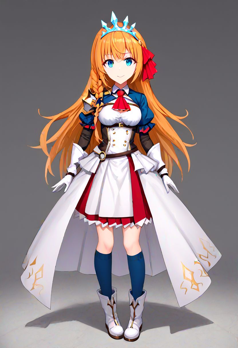 pecorine, blue eyes, hair ornament, long hair, orange hair, tiara, braid, hair braid,, arm belt, armor, ascot, blue socks, boots, dress, gloves, hair ornament, open clothes, open dress, pauldrons, pleated skirt, puffy short sleeves, puffy sleeves, red ascot, red skirt, short sleeves, shoulder armor, single pauldron, skirt, socks, white dress, white footwear, white gloves,
masterpiece, best quality, very aesthetic, absurdres, full_body, tachi-e,