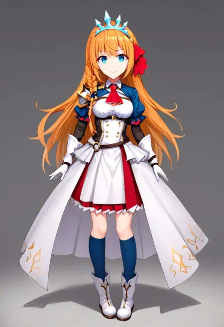 pecorine, blue eyes, hair ornament, long hair, orange hair, tiara, braid, hair braid,, arm belt, armor, ascot, blue socks, boots, dress, gloves, hair ornament, open clothes, open dress, pauldrons, pleated skirt, puffy short sleeves, puffy sleeves, red ascot, red skirt, short sleeves, shoulder armor, single pauldron, skirt, socks, white dress, white footwear, white gloves,
masterpiece, best quality, very aesthetic, absurdres, full_body, tachi-e,