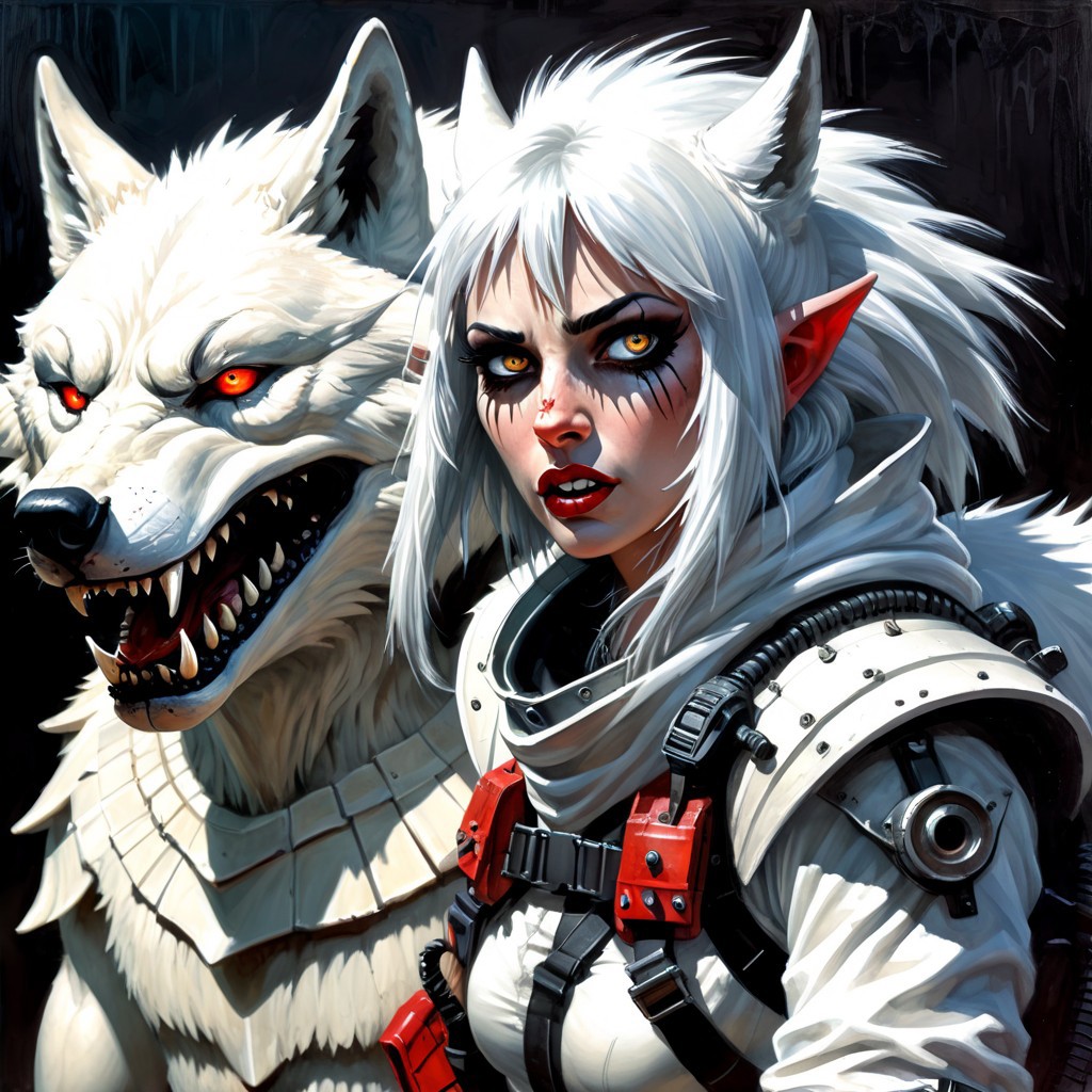 Photorealistic art of a wolf girl dressed in adventuring gear with a white wolf in the background, wisosdxl, wolf, g1g3r, wisosdxl, wolf, snarl, snarling, ears back, intense gaze, tongue out, black, white, basilwolverton style, grotesque, spaghetti hair, bulging eyes, skin folds, veins, large teeth, bloodshot eyes, linquivera, liiv1, John Berkey Style page, KIRIGAMI page
