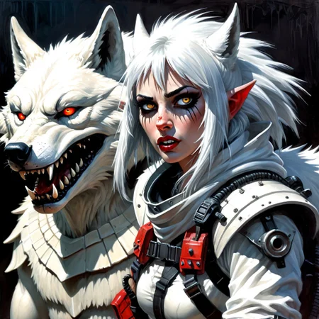 Photorealistic art of a wolf girl dressed in adventuring gear with a white wolf in the background, wisosdxl, wolf, g1g3r, wisosdxl, wolf, snarl, snarling, ears back, intense gaze, tongue out, black, white, basilwolverton style, grotesque, spaghetti hair, bulging eyes, skin folds, veins, large teeth, bloodshot eyes, linquivera, liiv1, John Berkey Style page, KIRIGAMI page