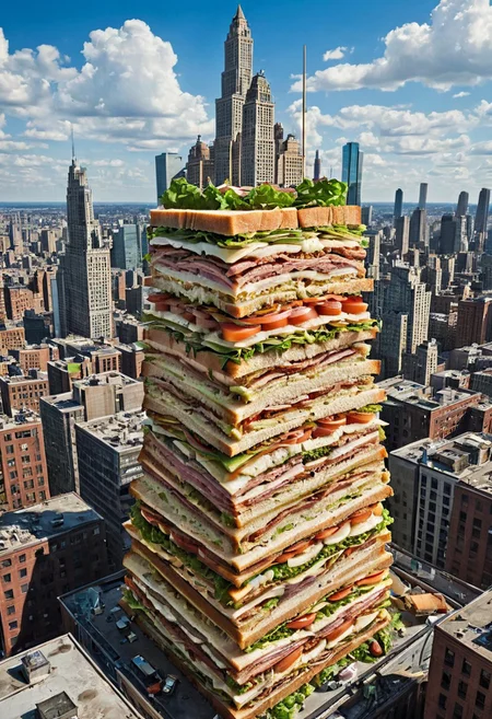 In this intriguing urban surrealist scene, a colossal club sandwich, as large as a skyscraper, is nestled between towering buildings in a bustling cityscape. The comic-book-inspired realism captures the viewer's attention with its vivid, saturated colors, which contrast the muted shades of the city backdrop. The result is a whimsical and visually striking composition that showcases the fun and imaginative side of urban life.