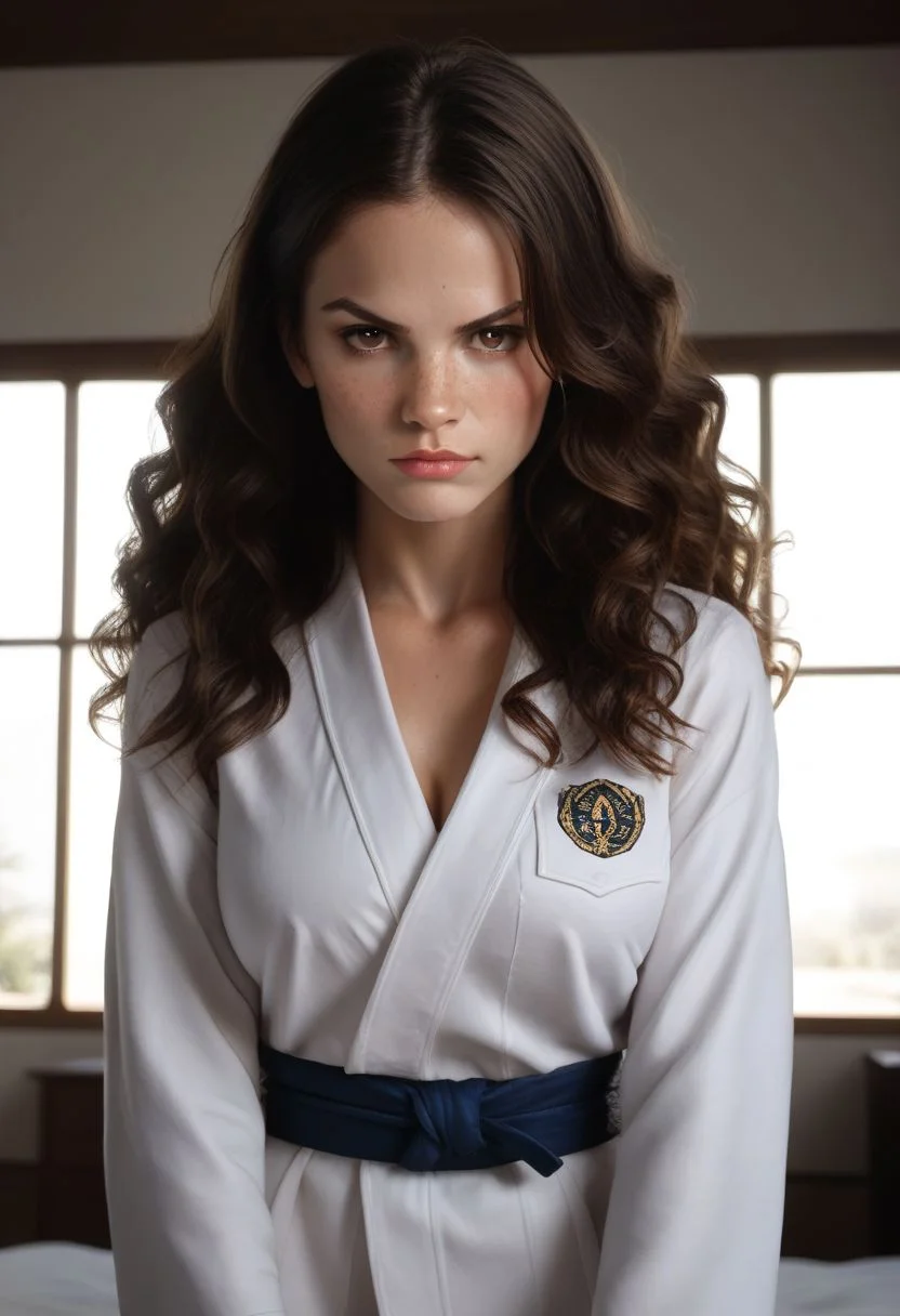 score_9, score_8_up, score_7_up, score_7, score_6_up, solo, 1dk, face focus, detailed face, beautiful face,
raw, realistic, d3t41l3d, 
1girl, 28-year-old, athletic, long hair, wavy hair, dark brown hair, hazel eyes, light freckles, freckles,  small beauty mark,  beauty mark
judo uniform, judo belt, 
indoors, fighting stance, action pose, dojo, dougi, 
confident, serious, ready,