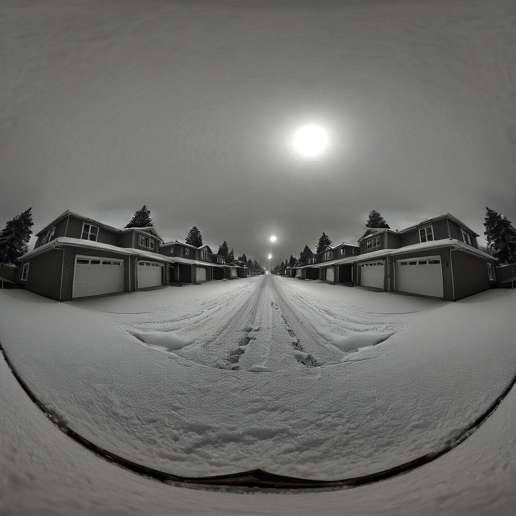 liminal, suburban liminal, suburban, an empty suburban environment, vanishing point, depth of field, fisheye lens, snow, neighborhood, indoors, looking out window, garage, symmetrical, abstract, split image, creepy, greyscale, night, day, sunrise, sunset, beautiful, masterpiece, offset
