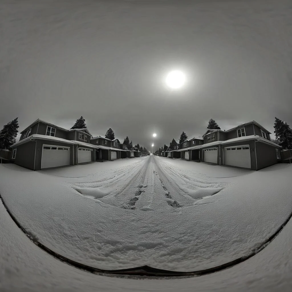 liminal, suburban liminal, suburban, an empty suburban environment, vanishing point, depth of field, fisheye lens, snow, neighborhood, indoors, looking out window, garage, symmetrical, abstract, split image, creepy, greyscale, night, day, sunrise, sunset, beautiful, masterpiece, offset