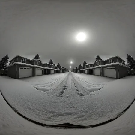 liminal, suburban liminal, suburban, an empty suburban environment, vanishing point, depth of field, fisheye lens, snow, neighborhood, indoors, looking out window, garage, symmetrical, abstract, split image, creepy, greyscale, night, day, sunrise, sunset, beautiful, masterpiece, offset