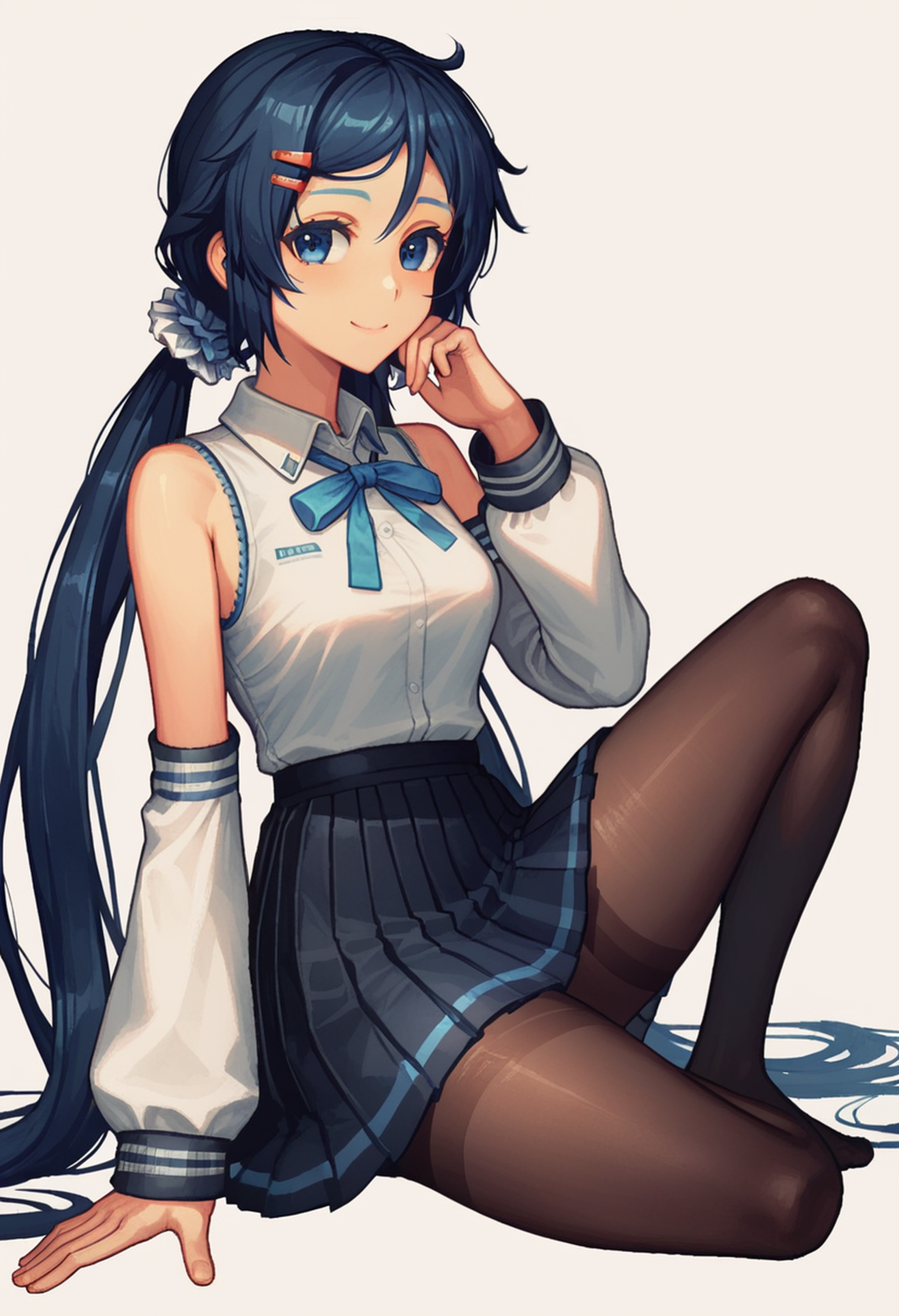 solo, <lora:Mita:0.55> mi_ta, 1girl, dark blue eyes, dark blue hair, braids hair, long hair, scrunchie, barrette pins, black_pantyhose black_skirt black_sleeves blue_eyes blue_hair closed_mouth collared_shirt detached_sleeves full_body hair_between_eyes hair_ornament hand_on_own_cheek hand_on_own_face long_hair long_sleeves outline pantyhose pink_background pixel_art pleated_skirt shirt simple_background sitting skirt sleeveless sleeveless_shirt smile solo twintails very_long_hair vocaloid white_background white_shirt wide_sleeves yellow_outline <lora:Smooth Anime Style LoRA XL:1> <lora:Pony_DetailV1.0:1>, score_9, score_8_up, score_7_up,