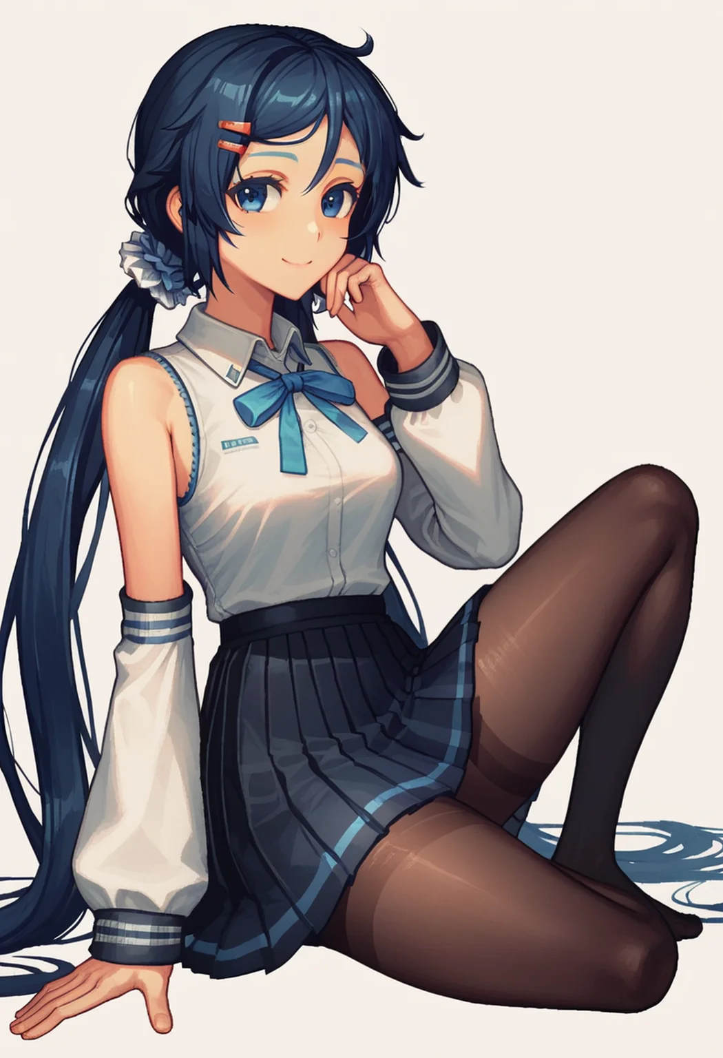 solo, <lora:Mita:0.55> mi_ta, 1girl, dark blue eyes, dark blue hair, braids hair, long hair, scrunchie, barrette pins, black_pantyhose black_skirt black_sleeves blue_eyes blue_hair closed_mouth collared_shirt detached_sleeves full_body hair_between_eyes hair_ornament hand_on_own_cheek hand_on_own_face long_hair long_sleeves outline pantyhose pink_background pixel_art pleated_skirt shirt simple_background sitting skirt sleeveless sleeveless_shirt smile solo twintails very_long_hair vocaloid white_background white_shirt wide_sleeves yellow_outline <lora:Smooth Anime Style LoRA XL:1> <lora:Pony_DetailV1.0:1>, score_9, score_8_up, score_7_up,
