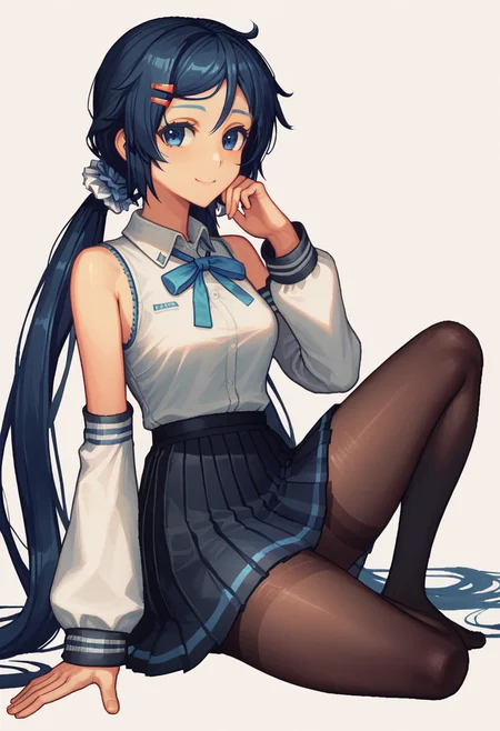 solo, <lora:Mita:0.55> mi_ta, 1girl, dark blue eyes, dark blue hair, braids hair, long hair, scrunchie, barrette pins, black_pantyhose black_skirt black_sleeves blue_eyes blue_hair closed_mouth collared_shirt detached_sleeves full_body hair_between_eyes hair_ornament hand_on_own_cheek hand_on_own_face long_hair long_sleeves outline pantyhose pink_background pixel_art pleated_skirt shirt simple_background sitting skirt sleeveless sleeveless_shirt smile solo twintails very_long_hair vocaloid white_background white_shirt wide_sleeves yellow_outline <lora:Smooth Anime Style LoRA XL:1> <lora:Pony_DetailV1.0:1>, score_9, score_8_up, score_7_up,