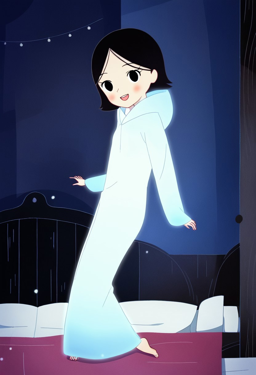 zPDXL3, source_cartoon, Perfect Hands, full body,
1girl, solo, aged down, bedroom, looking at viewer, saoirse, black hair, black eyes, blush, ghost, hood up, robe, barefoot, glowing, dancing on bed, from side, facing at viewer, feeling cold, eyes open, smile, open mouth, sleeve past wrist, slim body, long body, highlight cloth wrinkle, anime style, left leg in the air,
<lora:Perfect Hands:1>  <lora:Saoirse_-_The_Song_of_the_Sea-000009:1>
