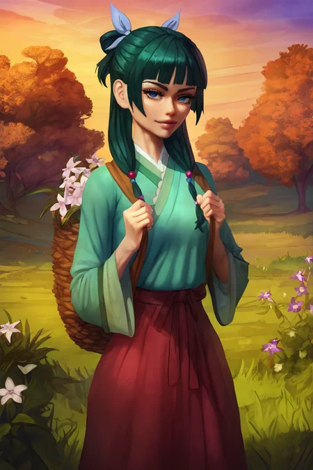 masterpiece, best quality,  absurdres, highres, cinematic light, 1girl,  <lora:evulchibi_style:1> evulchibi_style, maomao \(kusuriya no hitorigoto\), kusuriya no hitorigoto, china clothes, red skirt, hoding flower,  looking at viewer, sunset, grass, flower, backpack basket, tree, nature