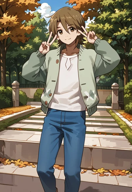 score_9, score_8_up, score_7_up, score_6_up, highly detailed,Good Colors, Good Shading, Good Eyes, Contrast Shading, male focus, slim, skinny, slim body, young man, correct anatomy, Yasaburo, 1boy, male_focus, brown hair, brown eyes, white shirt, blue pants, brown shoes, green jacket, park, smiling, victory sign, autumn