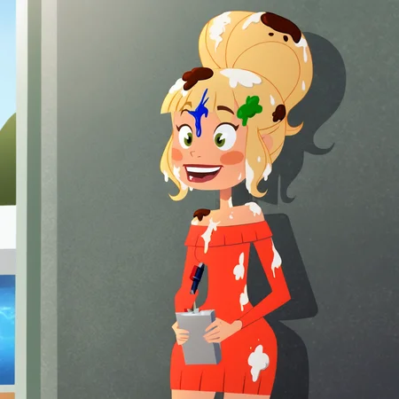 <lora:MissTinker_pony_v1:.8> MissTinkerMessy, 1girl, blonde hair, personification, green eyes, red dress, multicolored hair, food on head, object on head, blush stickers, off shoulder, bare shoulders, single hair bun, hair ornament, cowboy shot