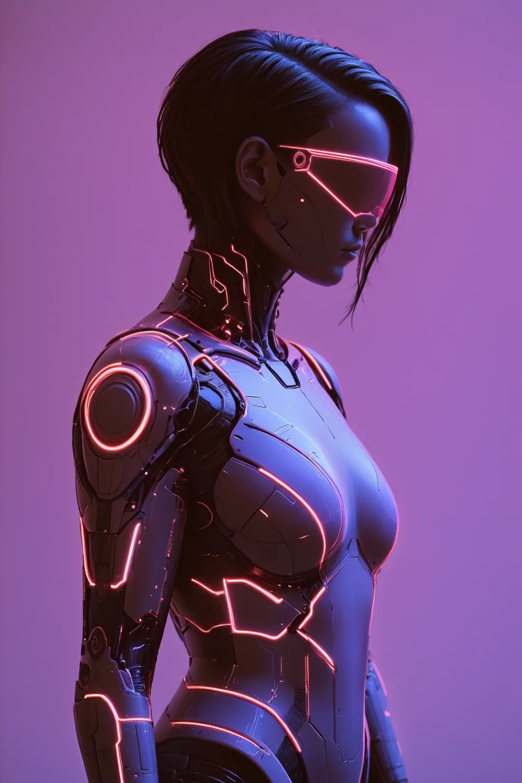 mad-cyberspace, cyberpunk, scifi, 1980s, retro, neon Neon Mauve outline <lora:Faceless_Cyborgs:0.8> noface, cyborg Profile pose<lora:Neon_Cyberpunk_SDXL_-_Cyberspace:1>, <lora:EnvyBetterHiresFixXL01:1>, RAW photo, subject, 8k uhd, dslr, soft lighting, high quality, film grain, Fujifilm XT3