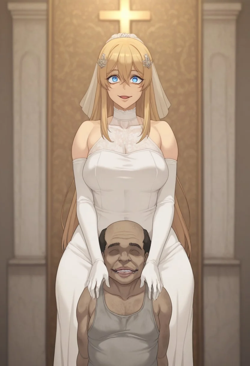 Score_9, Score_8_up, Score_7_up, Score_6_up, masterpiece, high resolution, screen cap, standing, easynegative, kuna2, metal-owl, metalowl2, damhito, (1girl,solo,long hair, blonde hair, blue eyes, <lora:yandere-trance-ponyxl-lora-nochekaiser:1>, yandere, crazy eyes, crazy, heart-shaped pupils, glowing eyes, symbol-shaped pupils, looking at viewer, hair ornament, wedding dress, white dress, bare shoulders, long white sleeves, white gloves, wedding gown,), curvy, thighs, fat ass, wide hips, eyes wide open, large eyes, medium breasts, wedding altar background, christian cross altar, throatlift, 1boy, solo male, homeless man, balding man, ugly man, old man, age difference, dirty tank top, speedo, large erect bulge, smelly male, no eyes male, size difference, larger female, taller female, brown-skinned man,