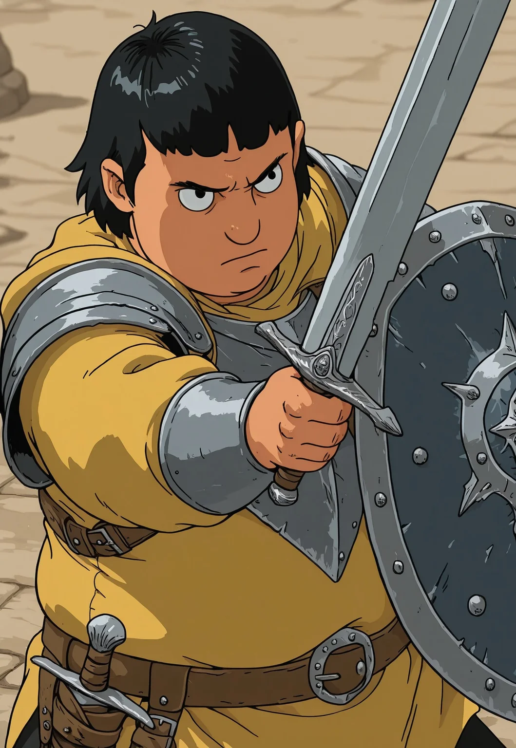 1boy, solo, (bb-gene), plump, upper body, yellow top, black hair, fantasy, knight, holding weapon, sword, shield, fighting stance, detailed, masterpiece, dynamic angle, lotr_style,