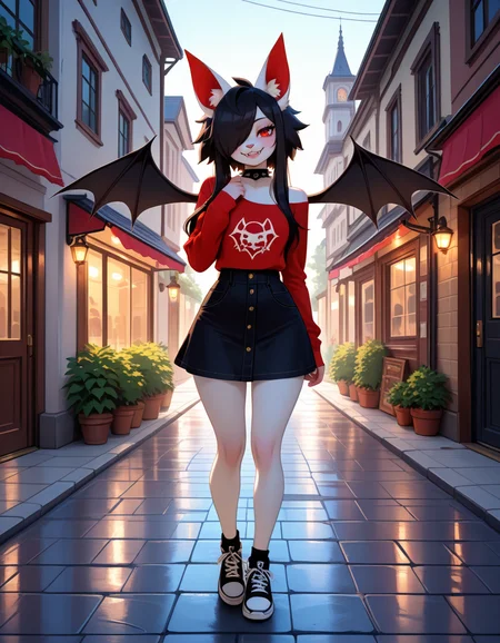 masterpiece, best quality, very aesthetic, absurdres,
outdoors, casual, 
full body, posing,
seductive smile, parted lips, long eyelashes,
 <lora:Asphodel_v01_NAIXL:1>
A5ph0d3l,1girl,solo,furry,furry female,bat girl,black hair,bat ears,animal ear fluff,long hair,hair over one eye,red eyes,fangs,spiked collar,body fur,white fur,bat wings,tail,