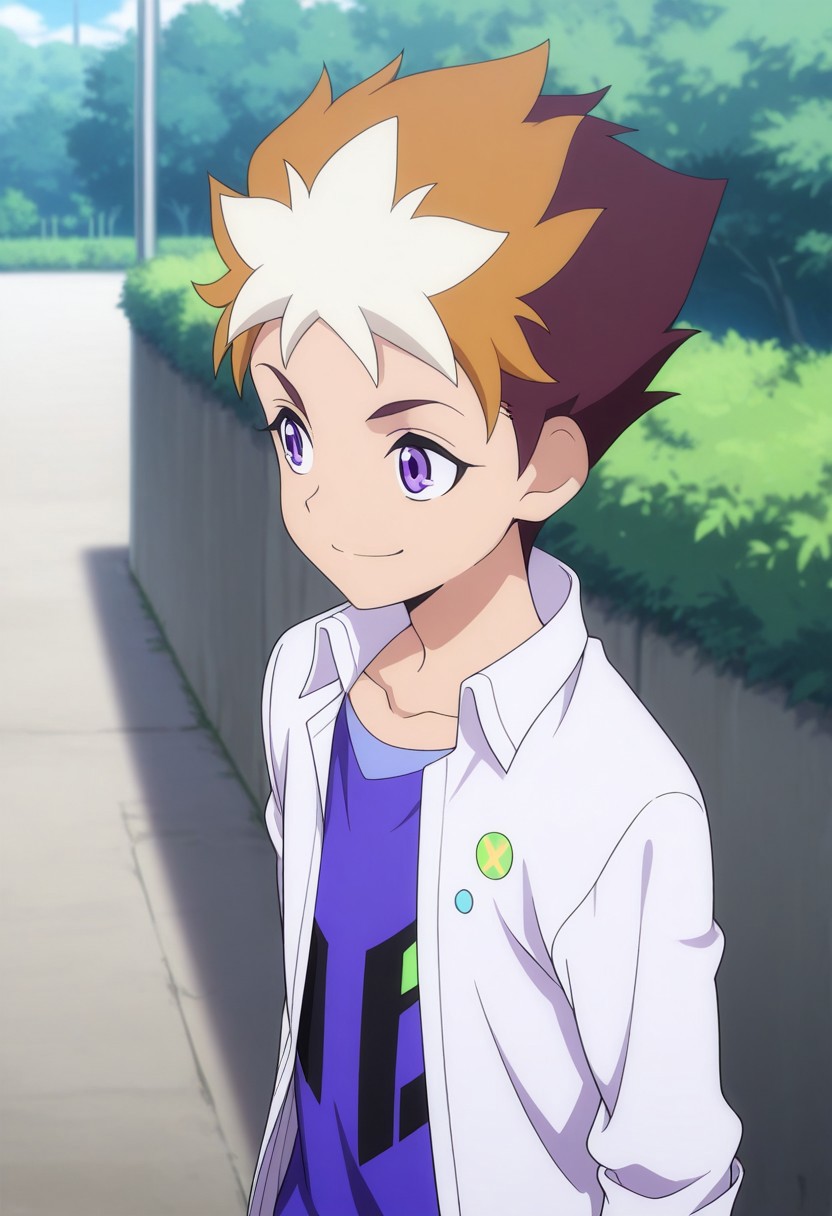 masterpiece,best quality,amazing quality, source_anime,
SubaruMakabe, 1boy, male focus, solo, purple eyes, multicolored hair, brown hair, white hair, collarbone, shirt, purple shirt, white shirt, collared shirt, open shirt, smile, outdoor,