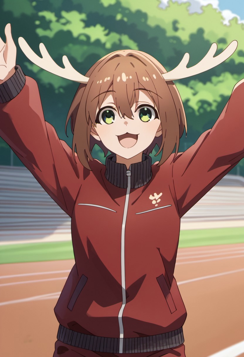 score_9, score_8_up, score_7_up, source_anime,shikanoko noko, short hair, brown hair, green eyes, antlers, 1girl, solo, jacket, open mouth, track jacket, smile, outdoors, long sleeves, hair between eyes, outstretched arms, holding, spread arms