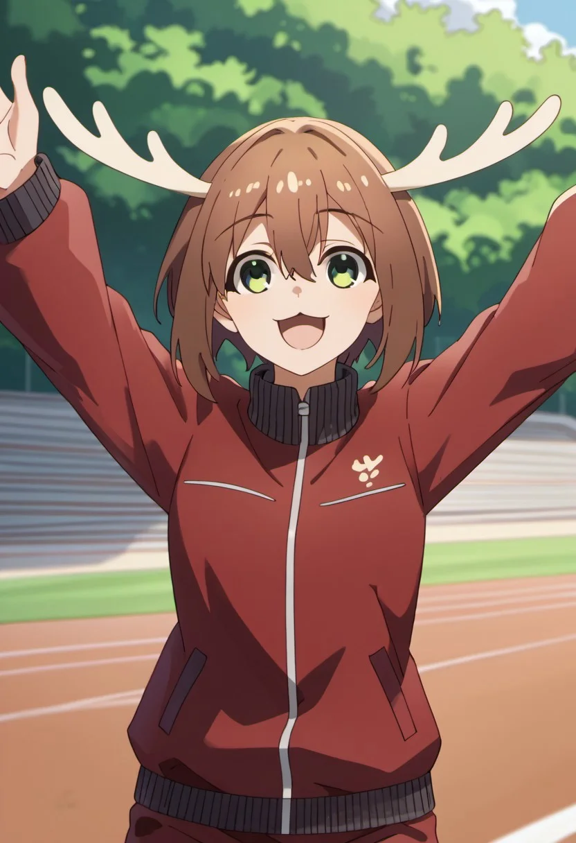 score_9, score_8_up, score_7_up, source_anime,shikanoko noko, short hair, brown hair, green eyes, antlers, 1girl, solo, jacket, open mouth, track jacket, smile, outdoors, long sleeves, hair between eyes, outstretched arms, holding, spread arms