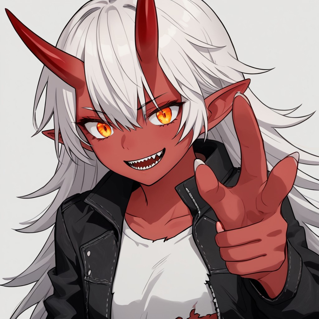 solo, long_hair, orange_hair, 1girl, hair_between_eyes, smiling, sharp_tooth, red_skin, short elf ears, small oni horns white/red ,black ripped jacket, no sleeves, short black ripped jeans,
