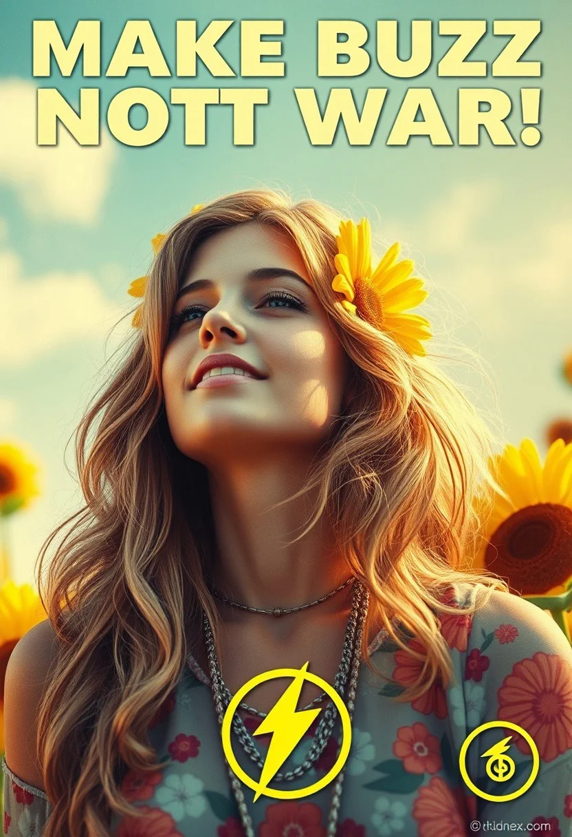 Masterpiece. Title text on top: “MAKE BUZZ NOT WAR”, beautiful hippie woman, sixties, poster, inspiring, hippie, flower power, peace and love symbol, summer of love, yellow lightning logo, high-res, semi realistic, best quality, intricate details, ultra details, good lighting, vibrant colors, very detailed, octane render, ray tracing