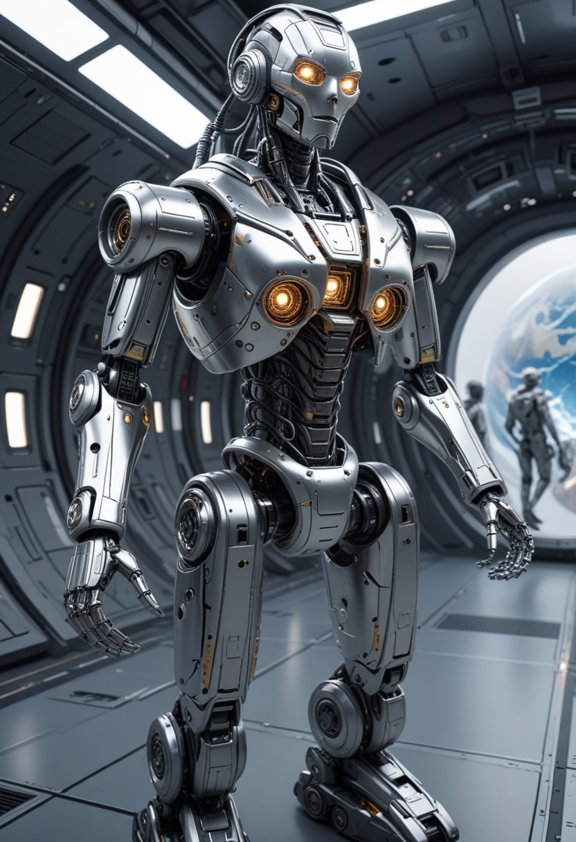 (medium full shot) of (metallic robot), titanium titanium alloy structure, pneumatic arms, wheeled mobility, integrated HUD, satellite dishes, set in  a futuristic spacecraft, traveling through the cosmos, equipped with high-tech systems and robotic crew members , Masterpiece,best quality, photo, realistic, very aesthetic, detailed face,