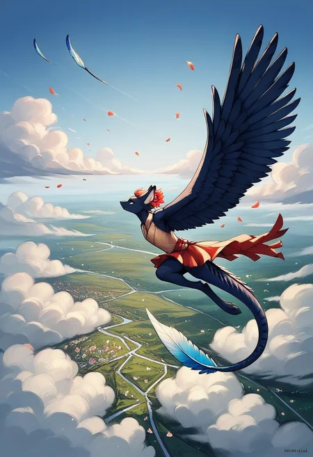 [creature name: Palagiri]
1 person, androgynous, flat chest, no breasts, anthro, short hair, ((handfeet, prehensile toes, dexterous toes)):1.2, ((winged arms)), fully clothed, long pelvic curtain skirt, feline face, feline nose, feline ears, ((tapering tail, feather tipped tail)), large wings, digitigrade legs, 
Wings spread, flying, ((wind, flower petals, feathers)):1.4
((Close up)), sky background, side view, rating: pg, score: 8 up, score: 9