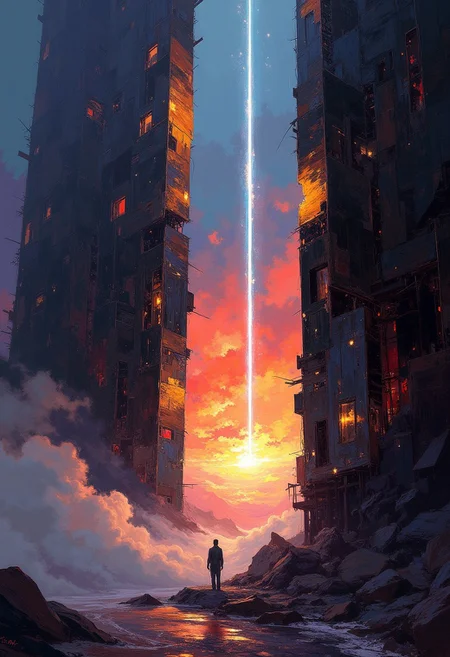 DB4RZ style painting, Abstract illustration, surreal fractured landscape, twilight sky with deep indigo to fiery orange gradient, towering geometric shapes resembling shattered glass and steel beams, inner light glowing within structures, dark polished surface reflecting light, ethereal swirling fog in muted purples and blues, vibrant golds and reds in the distance, bursts of light and shadow creating dynamic contrast, white beam of light piercing the sky symbolizing memory and hope, abstract expressionism and digital futurism hybrid, bold colors with intense reds, blacks, golds, and silver, light casting long stretched shadows, broad sweeping brushstroke textures enhanced with digital precision, mist swirling at the base of the scene, radiant sky evoking reflection and honor, powerful and dramatic atmosphere, emotional tribute to 9/11 without banality or figures.
