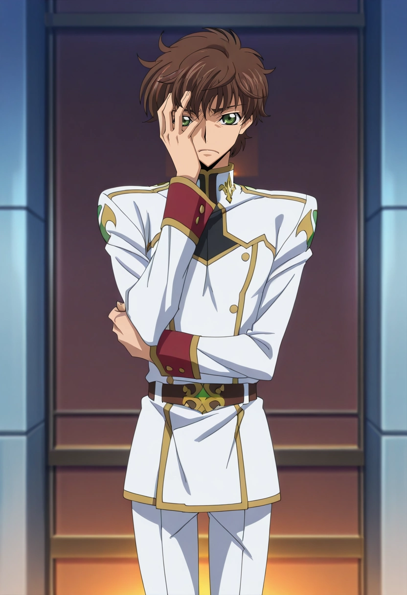 masterpiece, best quality, intricate details, anime screencap, anime coloring, , looking at viewer, 1boy, solo, male focus, <lora:suzaku_kururugi_ilxl:0.96>, suzaku_kururugi, brown hair, green eyes, uniform, facepalm moment, hand on face, weary expression, standing pose, warm glow, ,