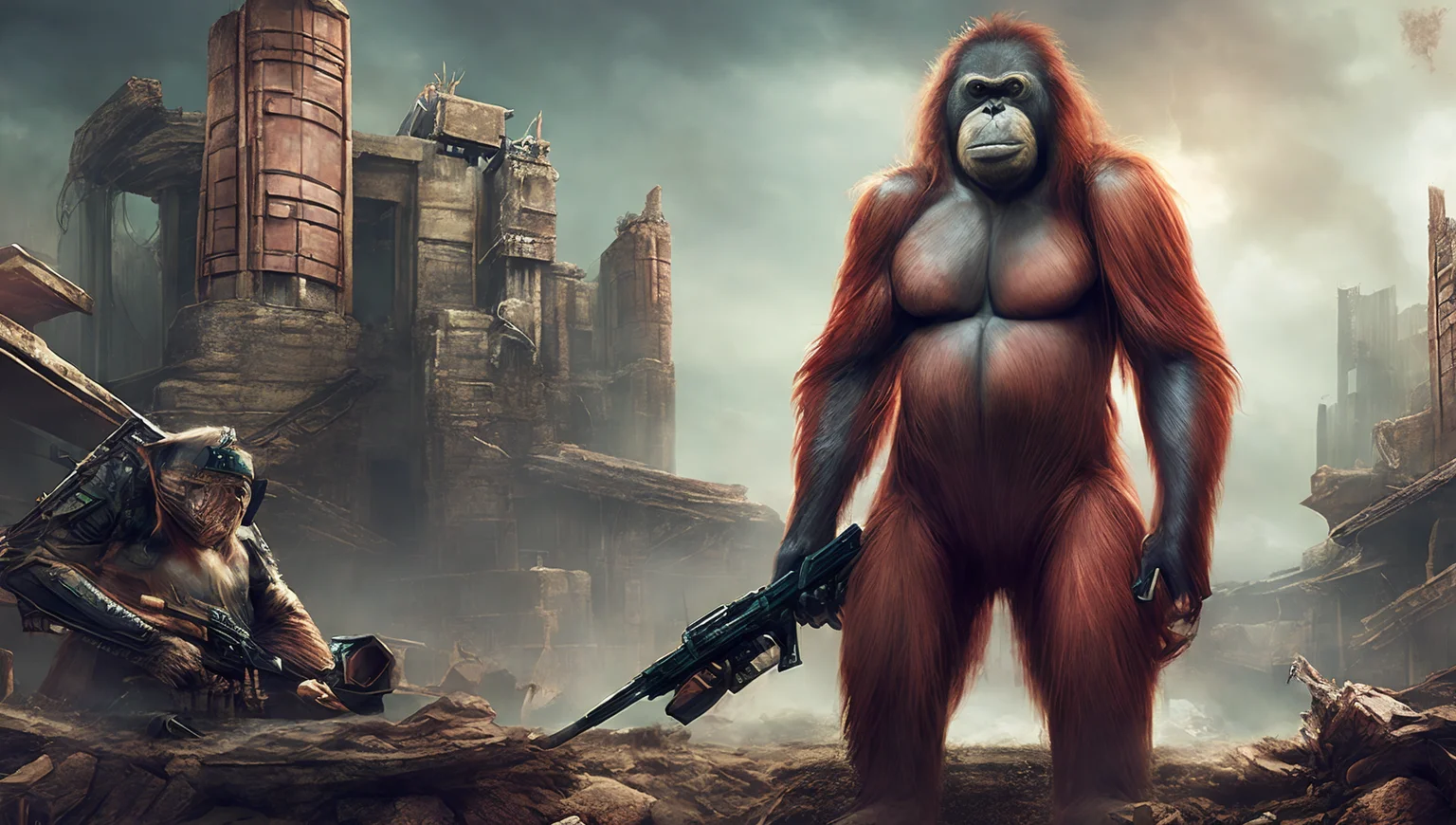 (PongoAbelii:1.1) Planet of the Orangutan, stands on building ruins, in military uniform (style by fking_scifi_v2:1)
