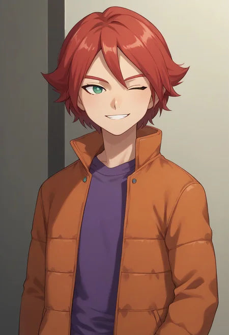 score_9, score_8_up, score_7_up, source_anime, highly detailed, 
hiroto, 1boy, male focus, solo, red hair, green eyes, alternate hairstyle,  jacket, orange jacket, open jacket, open clothes, shirt, purple shirt, hood, pants, grey pants,upper body, smile, one eye closed, slender, skinny
outdoor,